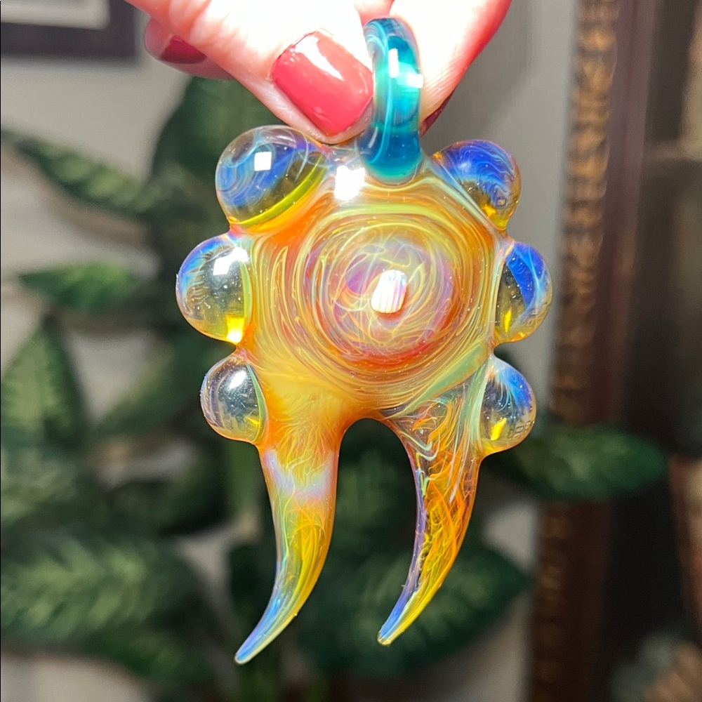 WOW! Large Artisan Colorful Heady Blown Glass Opal Inlay Tooth Necklace Pendant